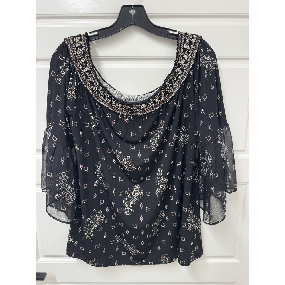 WHBM White House Black Market Paisley Off Shoulder Blouse Black Large Flowy